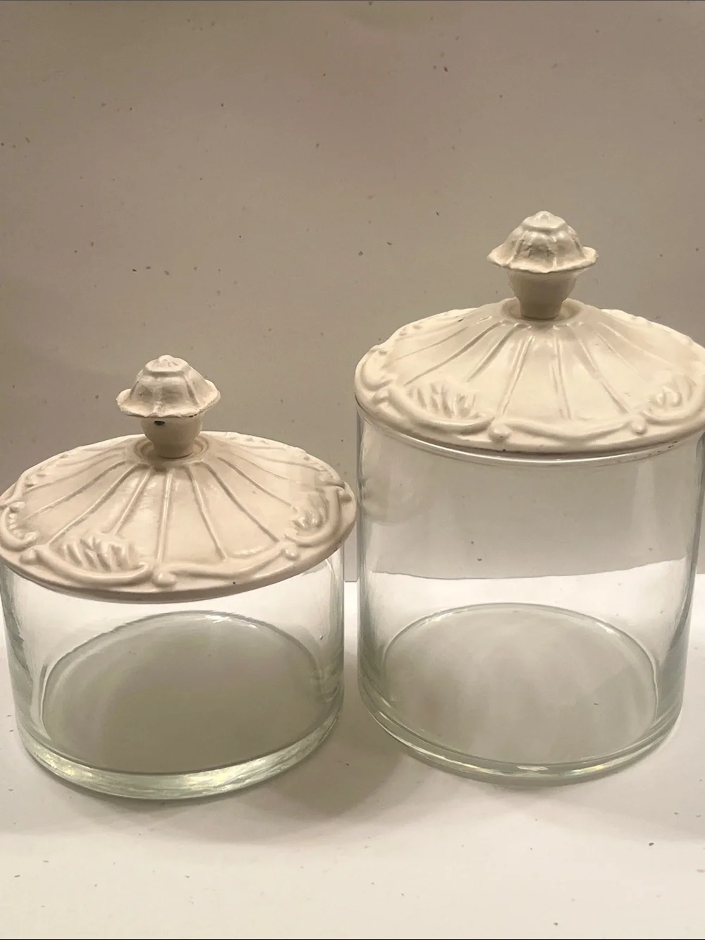 Glass Apothecary Jars with Decorative White Metal Scallop Lids (Set of 2)